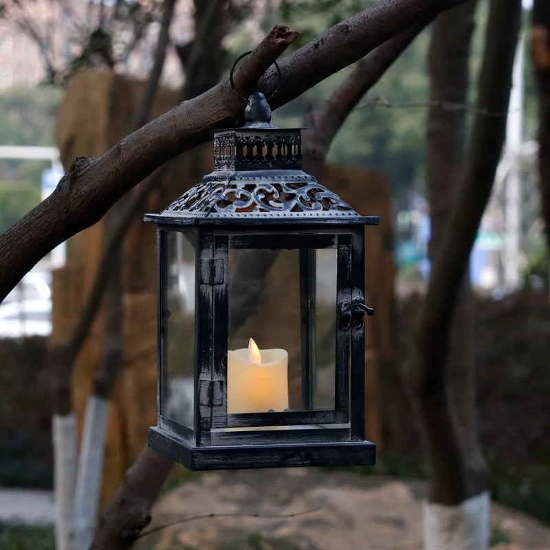 JHY DESIGN Set of 2 Antique Grey Brush Decorative Lanterns Metal Candle Lanterns for Indoor Outdoor Events Paritie and Weddings Vintage Style Hanging Lantern(with Glass) - Image 3